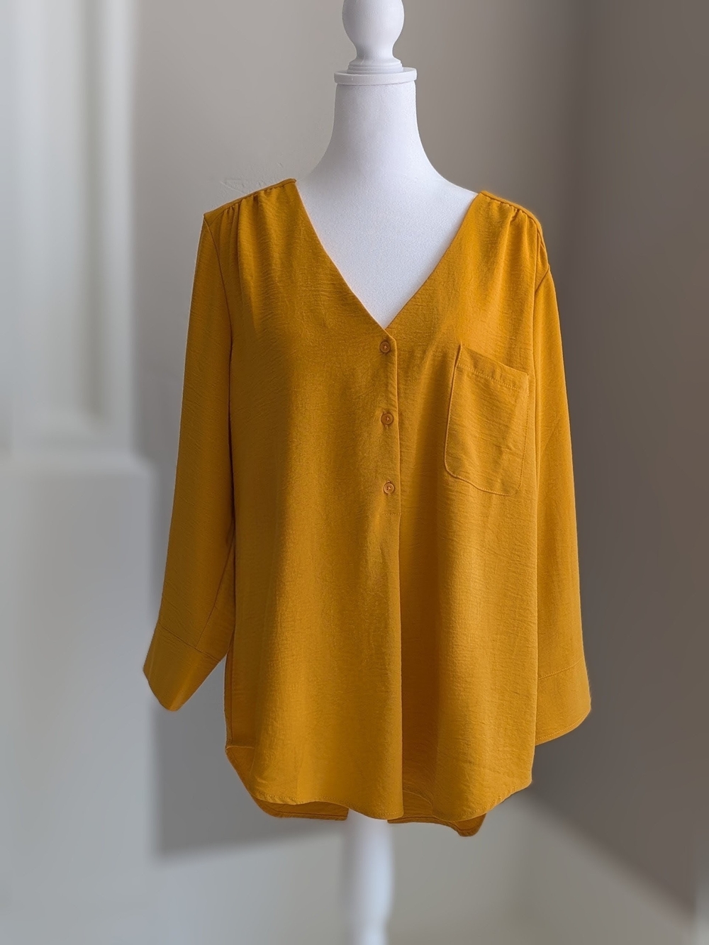 Fred David Mustard V-Neck Button Front Blouse XL